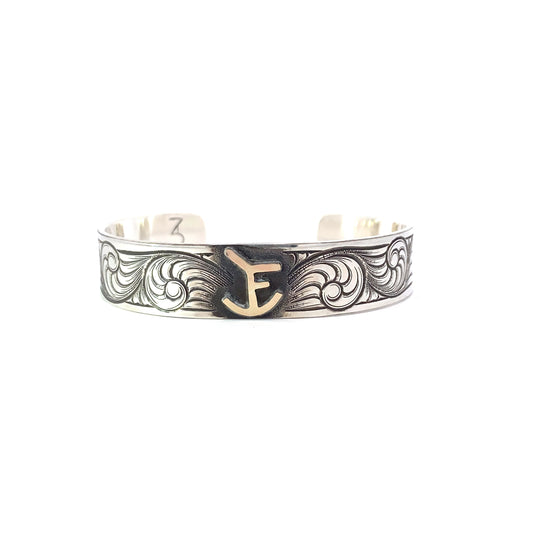 Classic Silver Cuff with 14k Yellow Gold Initials or Brand