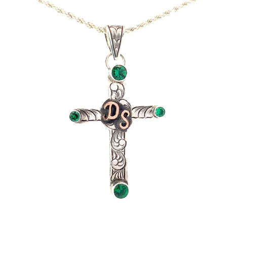 Silver & Copper Cross with Green Stones