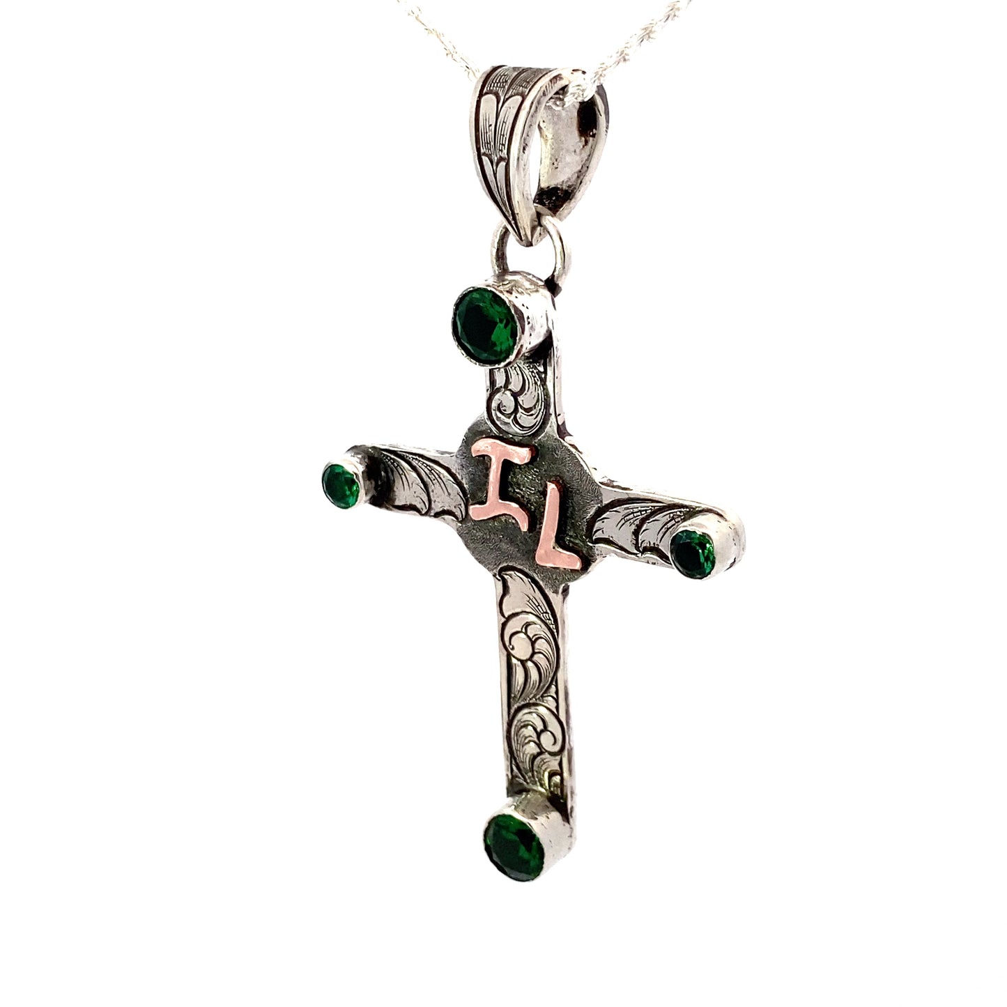 Silver & Copper Cross with Green Stones